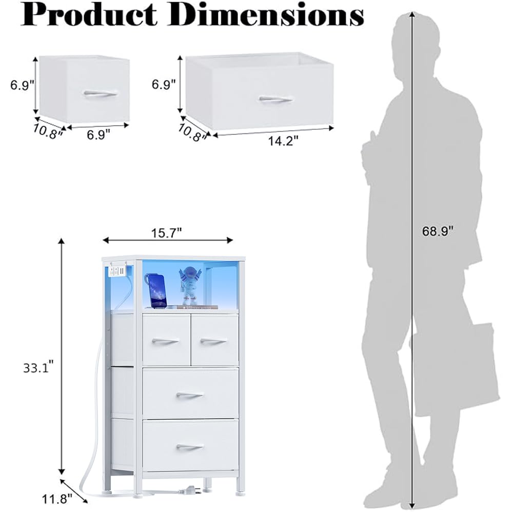 Furnulem 4 Drawer Dresser with Led Light and Charging Station, White Night Stand with Storage Shelf and Fabric & PVC Drawer, 33 Inch Bedside Table, Tall Nightstand for Entryway, Bedroom Furniture Furnulem