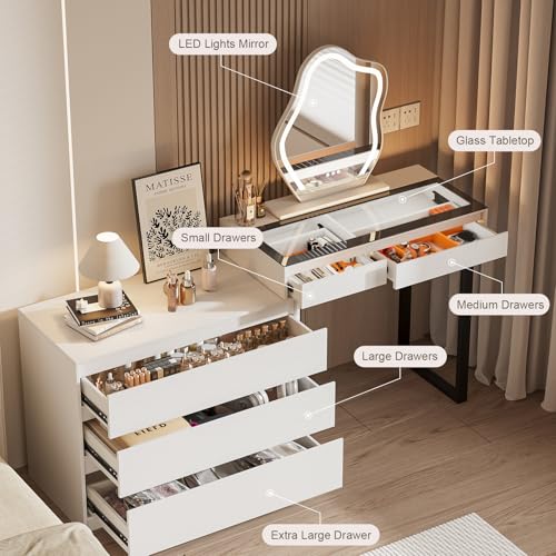 MIIFUNY Corner Makeup Vanity Desk with Mirror and Lights, 58" Modern L-Shaped Vanity Table with Glass Top, Large Dressing Table with 2 Drawers & 3 Tier Dresser for Bedroom, White MIIFUNY