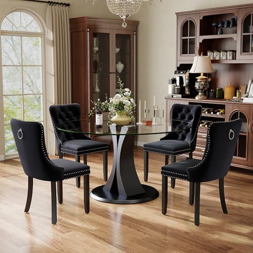 SIZOTA 5-Piece Dining Table Set with 47In Tempered Glass Table and 4 Velvet Upholstered Chairs, Modern Scandinavian Furniture for Dining Room Kitchen(Black) SIZOTA