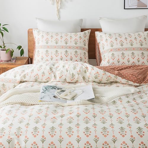 HoneiLife Queen Duvet Cover Set - Breathable 100% Cotton Floral 3pcs Wildflower Comforter Cover, with Zipper Closure and Corner Ties, Sweet Grass HoneiLife