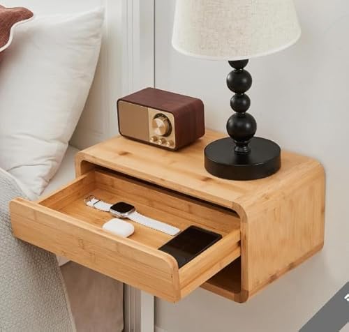 FONSOLUM Bamboo Floating Nightstand with Storage Drawer, Wall Mounted Bedside Table End Tables with Open Shelf, Bedside Cabinet Storage Organizer Case Display Box for Bedroom, Fully Assembled FONSOLUM