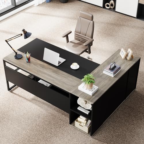 Tribesigns 71 inch Executive Desk, L Shaped Desk with Cabinet Storage, Executive Office Desk with Shelves, Business Furniture Desk Workstation for Home Office, Gray Tribesigns