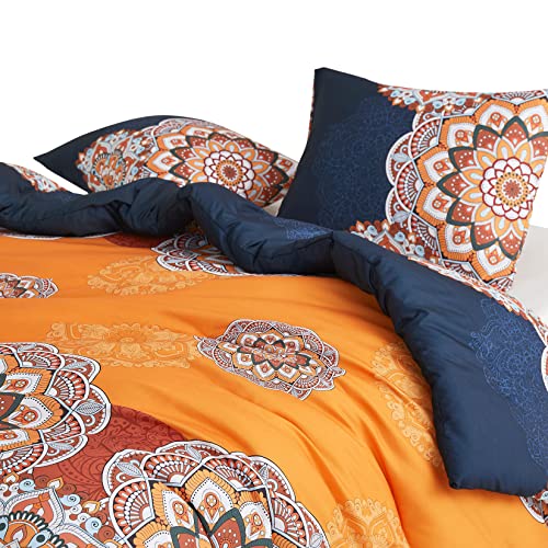 Wake In Cloud - Bohemian Comforter Set, Boho Chic Ornate Floral Elements Pattern Printed for Men Women, Soft Lightweight Bedding, 3 Pieces, Orange Navy, Queen Size Wake In Cloud