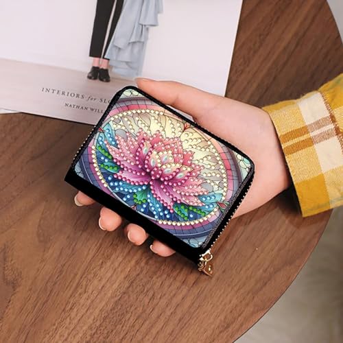 Credit Card Holder, DIY Diamond Art Painting Zipper Credit Cards Wallet for Women Accordion Card Cases Holder KeyChain Wallet-Pink Flower WoodArtSupply