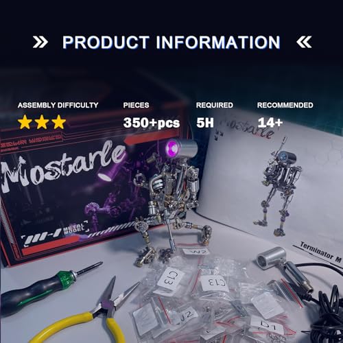 Mostarle Terminator M 3D Metal Puzzle, Arcynix DIY Mechanical Robot Model Kit, Sci-Fi Design LED Light Feature Unique Gift for Adults & Teenager (Blue)