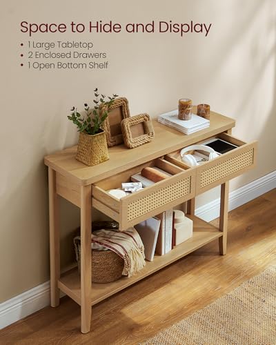 VASAGLE Console Sofa Table, Narrow Entryway Table, 2 Drawers, Open Storage Shelf, Rounded Corners, for Living Room, Boho Style, Oak Beige ULNT016YC01S VASAGLE