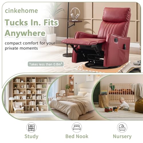 cinkehome Heated Massage Swivel Rocker Recliner Chair for Nursery - Small Space Reclining Chair with Lumbar Support, 360° Swivel & Gentle Rocking, Ergonomic High Back Faux Leather Red