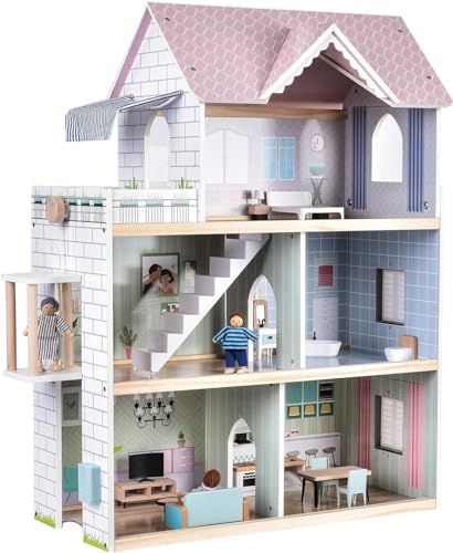 Giant bean Wooden Dollhouse 2.6 feet High with Elevator, Doorbell, Light,15 Pieces Furnitures and 3 Dolls, Toy Gift for Girls Ages 3-7+ Giant bean
