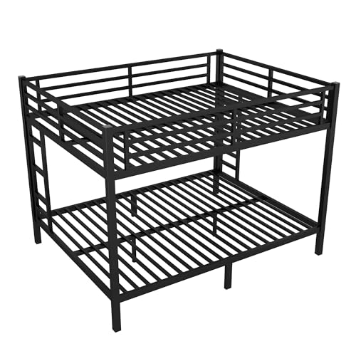 Bellemave Metal Bunk Bed Queen Over Queen with Ladder & Full-Length Guardrails, Heavy Duty Bunk Bed Frame with Sturdy Slats, Queen Over Queen Bunk Beds, Noise Free, No Box Spring Needed, Black Bellemave