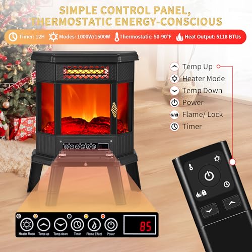 Electric Fireplace Heater 22 in Freestanding Fireplace Stove Infrared Fireplace RealSmart with 3D Flame Effect Remote Control, Timer, Overheating Protection Heater for Indoor Use Black RealSmart