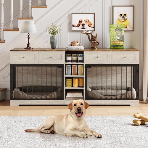 Takywep Double Dog Crate Furniture with Storage – 82" Large Indoor Kennel with 4 Drawers & 4 Shelves, Pet Crate TV Stand for Medium/Large Dogs, Washed White Takywep