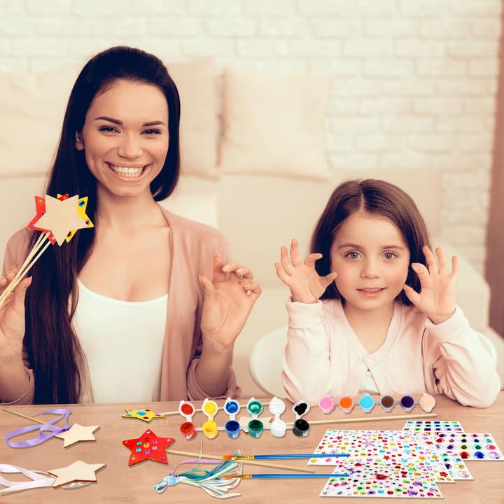 92 Pcs Unfinished Star Princess Fairy Wands Kit Make Your Own Princess Wand DIY Art Craft Magical Wand Include 36 Star Wooden Fairy Wands 18 Gem Stickers 36 Ribbons 2 Markers for Kids Party Supplies Feradny
