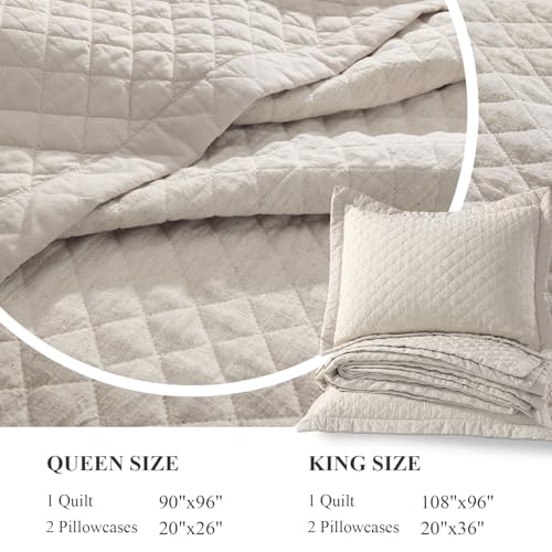 Grassix Linen Quilt Set King Size 3-Piece, 100% Linen Front & Cotton Back, Prewashed Diamond Stitch Bedspread with 2 Shams, Lightweight Breathable Quilt for Hot Sleepers, Modern Farmhouse Bedding Grassix