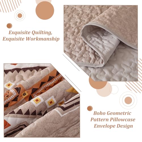 WONGS BEDDING Boho Beige Quilt Set Queen Size,Geometry Printed Bedspread Coverlet Set with 2 Pillowcases,Soft Bohemian Bedding Set Queen 96"×90" WONGS BEDDING