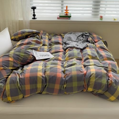 DONUES Plaid Duvet Cover Set King Size Bedding Set 100% Washed Cotton Reversible Multicolor Grid Checkered Duvet Cover with 2 Pillowcases(Queen 104"x90", Comforter Not Included) DONEUS