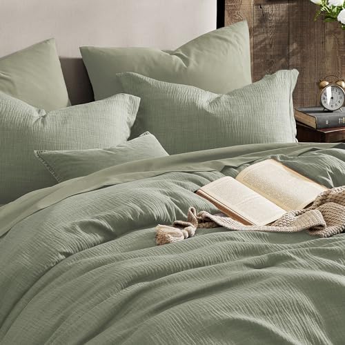 Geniospin King Size Comforter Set- 7 Piece Sage Green Textured King Bedding Set, Soft Solid Bed in a Bag for All Season, King Comforter Set with Sheets(Sage Green,102''x90'') Geniospin