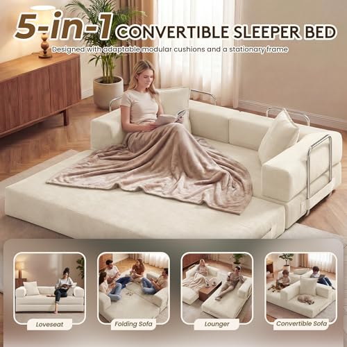 GRUSIGN 78 Inch Convertible Sofa Bed, 5-in-1 Futon Sofa Bed Pull Out Couch, Boneless Couch Bed for Living Room, Corduroy Boneless Couches for Bedroom, Apartment, No Assembly Sleeper Sofa Bed, Beige GRUSIGN