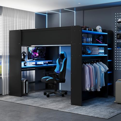 Bellemave Full Loft Bed with Height-Adjustable Desk,Wardrobe,Ample Storage Space,and RGB Light, Gaming loft Bed with Desk, Black+Blue Bellemave