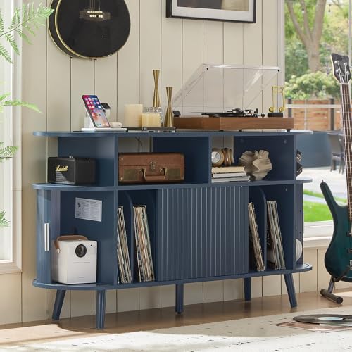 LELELINKY Extra Large Round Record Player Stand with Charging Station & Fluted Panel, Mid Century Modern Turntable Cabinet with Vinyl Storage, Arched Wood Record Player Table for Living Room,Blue LELELINKY