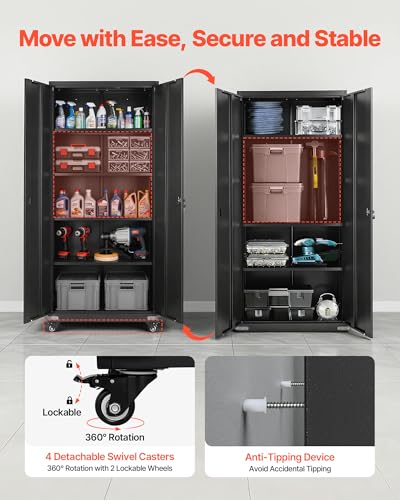 VEVOR Metal Storage Cabinet, 72.6 in Rolling Steel Garage Cabinet with 4 Adjustable Shelves, 2 Magnetic Doors & 2 Keys, 5 Tiers Lockable Tool Storage for Pantry, Warehouse, Basement, Office, Black VEVOR