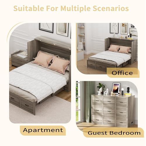 NEBZHASK Full Size Murphy Bed with Charging Station and Drawer Farmhouse Cabinet Bed Wood Space-Saving Hidden Folding Platform Bed Chest for Home Office Bedroom Guest Room Apartment,Gery