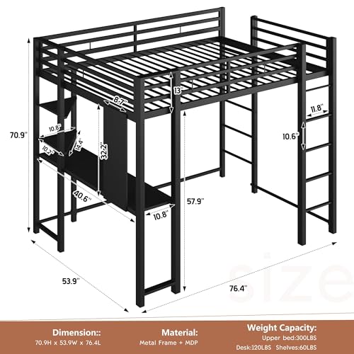 Shintenchi Loft Bed Full Size with Desk and Storage Shelves, Frame with 2 Side Ladders for Kids, Teens Adults, Spcace-Saving Noise-Free and Anti-tilt Design, Black Shintenchi