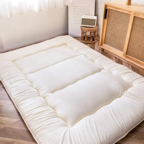 MAXYOYO Japanese Floor Futon Queen Size, Thicken Tatami Mat Sleeping Pad Foldable Roll Up Mattress Trifold Pad Guest Bed, Off White MAXYOYO