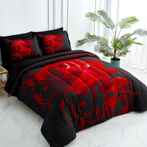 WONGS BEDDING Red Comforter Set Cal King, Reversible Red Rose 7 Pieces Bed in a Bag, Lightweight Soft Microfiber Bedding Sets with Comforter, Flat Sheet, Fitted Sheet, Pillowcases & Shams WONGS BEDDING