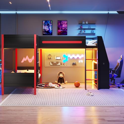 Merax L-Shaped Twin Size Triple Bunk Bed for 3 People, Wood Gaming Loft Bed with Built-in Desk, Shelves, Lights and Full-Length Guardrails, Black+Red Merax