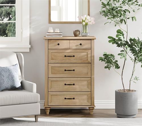 WAMPAT Small Dresser for Bedroom with 5 Drawers & Solid Wood Legs, Mid Century Modern Chest of Drawers Vertical Dresser Storage Organizer, Farmhouse WAMPAT