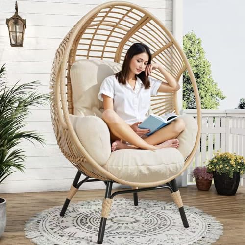 LUTINLIX Oversized Wicker Egg Chair Outdoor Indoor,Patio Lounge Chair with Thicken Cushions, Egg Reading Chair 500lbs Capacity for Garden, Backyard, Porch,Bedroom (Beige-Regular, 1pcs) LUTINLIX
