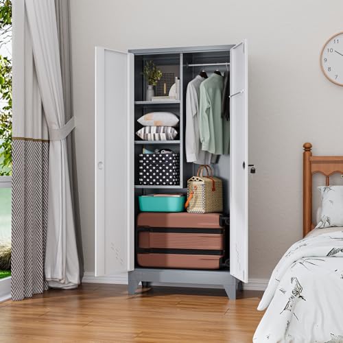 OSEILLC Metal Storage Cabinet with Locking Doors, 61" Tall Garage Cabinet with Hanging Rod, Broom Closet/Freestanding Bathroom Storage Cabinet, Cleaning Tool Storage OSEILLC
