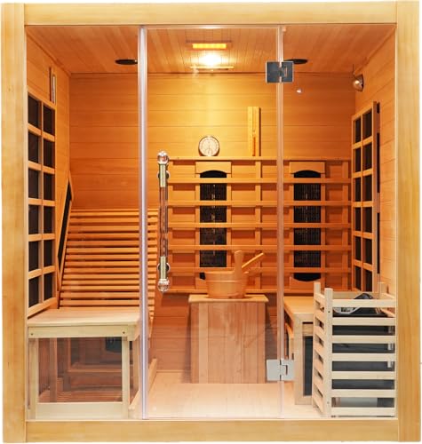 Smartmak Far Infrared 2 Person Recliner Sauna Room, Indoor Traditional Sauna Room, 10 Heating Panels, 7 Color Light, Oxygen Bar, Bluetooth Speaker (220V, 3400W) (Cedar, 3 Person) Smartmak