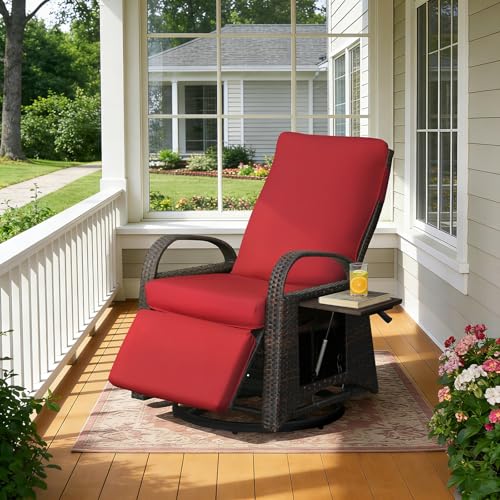 ATR ART TO REAL Outdoor Swivel Chair, Wicker Outdoor Recliner for Patio Dual-Adjust Reclining Lounge Chair with Removable Soft Cushion, for Patio, Porch, Poolside, Balcony, Lawn (Red)