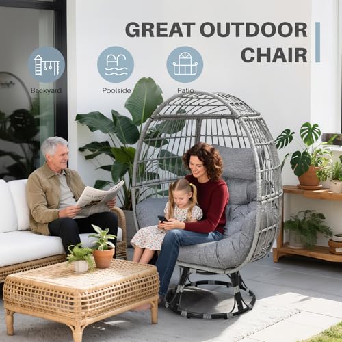 Gijvbeoz Swivel Wicker Egg Chair, Oversized Indoor Outdoor Lounger for Backyard, Patio, Living Room with Cushion, Steel Frame, 330lb Capacity, Gray Gijvbeoz