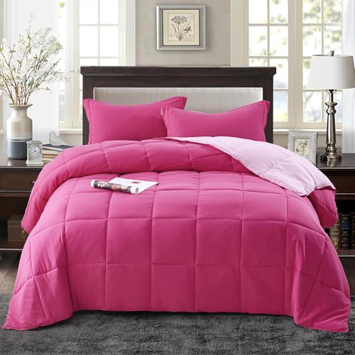 HIG 3pc Pink Twin/Twin XL Comforter Set - All Season Reversible Down Alternative Bedding Comforter - Quilted Duvet Insert with Corner Tabs - Box Stitched Blanket - Breathable, Soft, Fluffy HIG