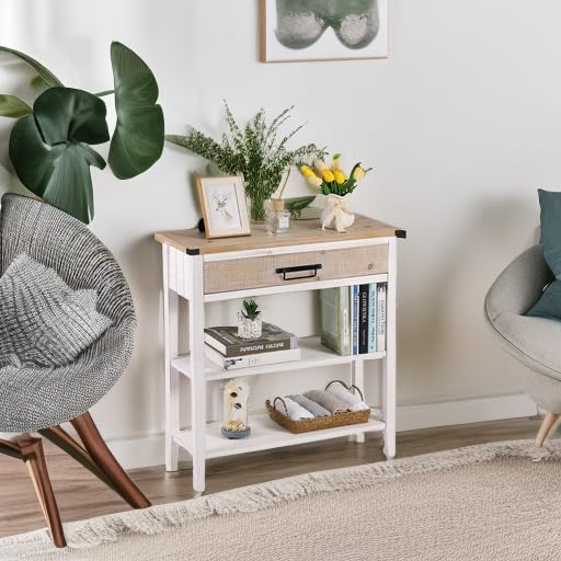 RUSTOWN Farmhouse Console Table with Drawer, 3-Tier Rustic Entryway Table with Open Storage Shelves and Handmade Metal Handle, Narrow Foyer Sofa Table for Living Room, Entryway, Hallway (Washed White) RUSTOWN