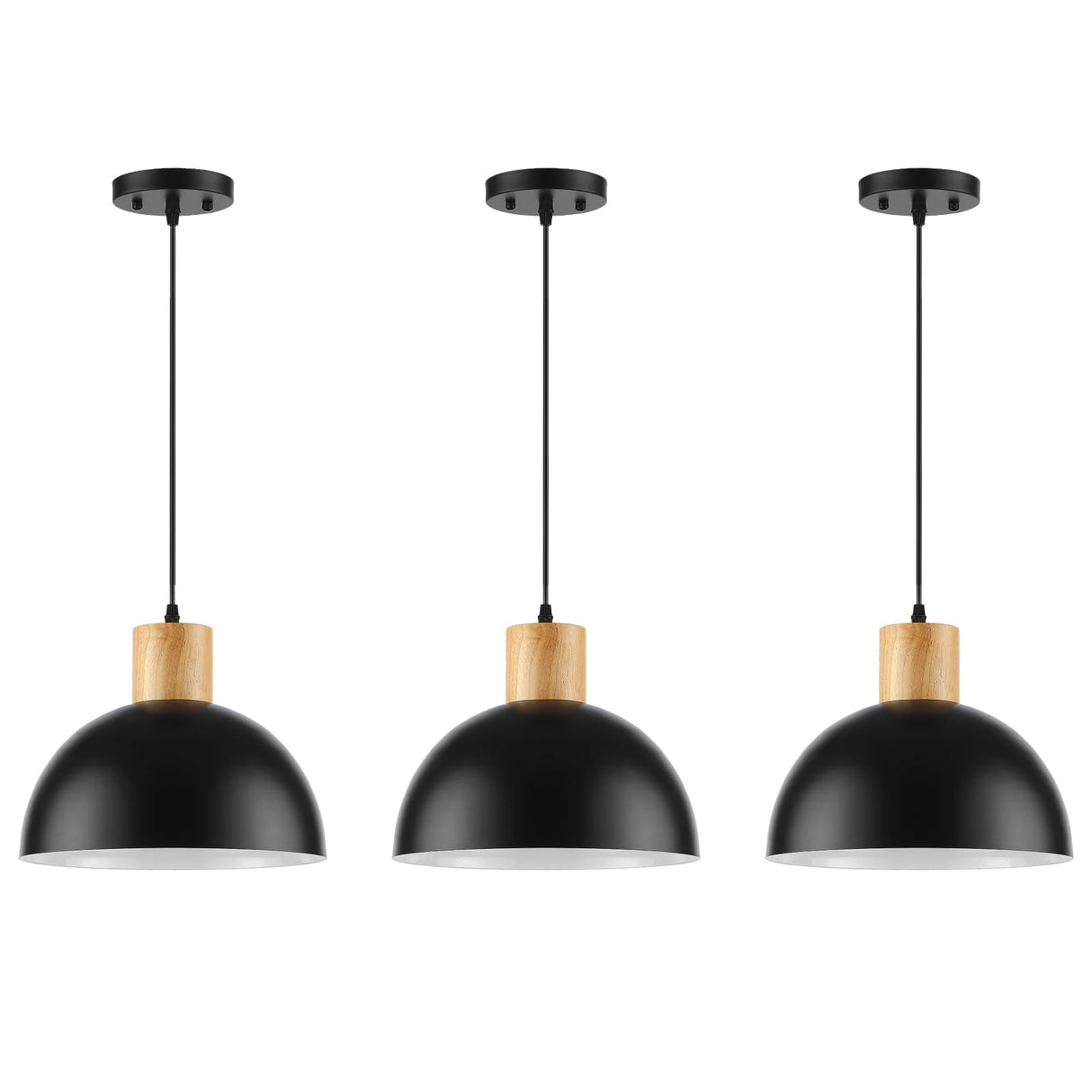QianZhan Solid Wood Pendant Light 3 Pack, Modern Matte Black Pendant Lights Fixtures Adjustable Dome Hanging Lighting,for Kitchen Island Dining Room Restaurant Office Farmhouse QianZhan