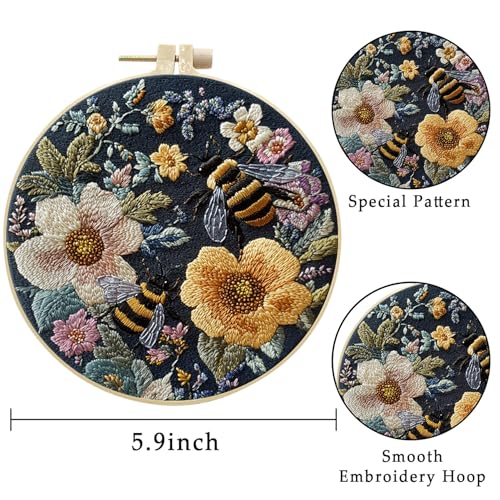 LB 4 Pack Yellow Bee Floral Embroidery Kit for Beginners Green Plant Beginner Embroidery Kit for Adults DIY Starter Kit with Embroidery Hoop Colorful Threads Tools Step by Step Instructions