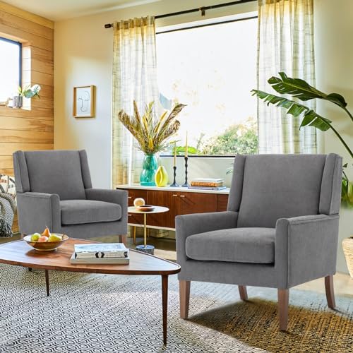 COLAMY Modern Wingback Living Room Chair Set of 2, Upholstered Fabric Accent Armchair, Single Sofa Chair with Lounge Seat and Wood Legs for Bedroom/Office/Reading Spaces, Gery COLAMY