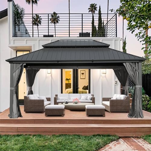 Domi Hardtop Gazebo 10x14FT, Aluminum Outdoor Gazebo with Galvanized Steel Double Roof Canopy, Curtains and Netting Included, Metal Gazebo Permanent Pavilion for Patio, Lawn, Garden, Gray domi outdoor living