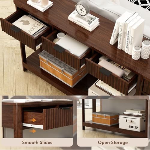 HOKYHOKY Fluted Console Table with Drawers, Modern 47.1" Entryway Table with Storage Shelf, Boho Narrow Skinny Behind Couch Wood Sofa Table for Living Room Hallway Entrance Foyer,Walnut HOKYHOKY