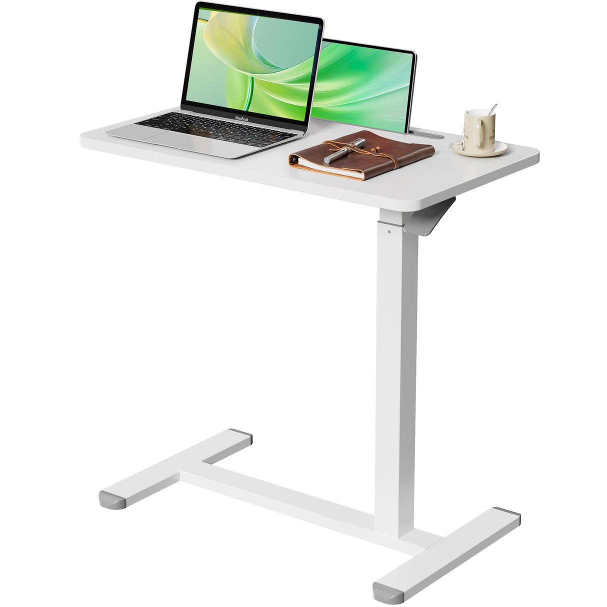 Gibbon Mounts Mobile Standing Desk, Pneumatic Adjustable Rolling Desk(27.5 Inches), Portable Laptop Desk with Wheels, Overbed Bedside Table Laptop Table for Couch, Home, Office, White Gibbon Mounts