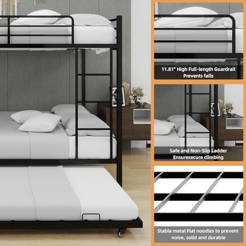 Harper & Bright Designs Heavy Duty Metal Bunk Bed Queen Over Queen with Trundle for 3 Persons, Industrial Bunk Beds Frame with Sturdy Support, Saving Space, Black Harper & Bright Designs
