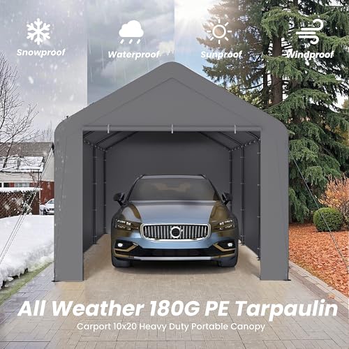 Kecreque Carport 10x20 Heavy Duty Portable Garage w/Removable Sidewalls & Roll-Up Door Car Canopy Party Tents Waterproof UV Resistant All Weather Car Port for Trucks,Boats(Grey) Kecreque