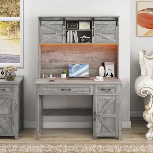 Vabches Farmhouse 47" Executive Desk, Computer Desk with 2 Drawers, LED Light and Storage Cabinet, Home Office Desk with Hutch, Charging Hub, Workstation for Home Office and Study(Grey Vabches