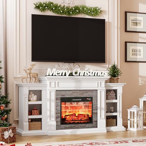 LGHM 72" Electric Fireplace with Mantel, Fireplace TV Stand for TVs Up to 80 Inch, Modern Entertainment Center with Storage, Realistic Stacked Stone Surround with Remote Control for Living Room LGHM