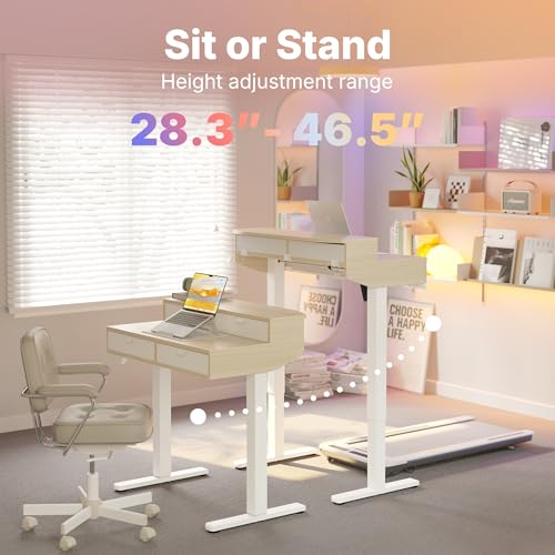 HUANUO 32 x 20 inch Electric Standing Desk with 4 Drawers, Adjustable Height Sit Stand Home Office Desk, C-Clamp Mount Compatible, Ergonomic Stand up Desk with 4 Preset Heights, Natural HUANUO