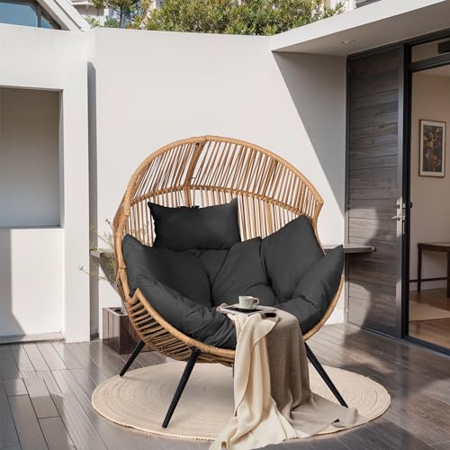 JAMFLY Egg Chair Wicker Outdoor Chairs, Oversized Patio Chair Oversized Lounger Chair with Cushion for Indoor Living Room, Bedroom, Outside Patio Backyard Balcony, Gray Cushion JAMFLY