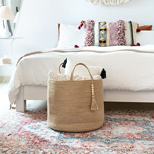 Mkono Woven Storage Basket Decorative Natural Rope Basket Wooden Bead Decoration for Blankets,Toys,Clothes,Shoes,Plant Organizer Bin with Handles Living Room Home Decor, Jute, 16" W × 13.8"L Mkono